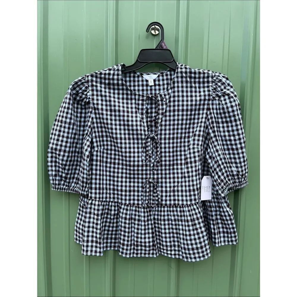 Women's L Blooming Blue Tie Front Peplum Top w/Short Puff Sleeves Size XXL